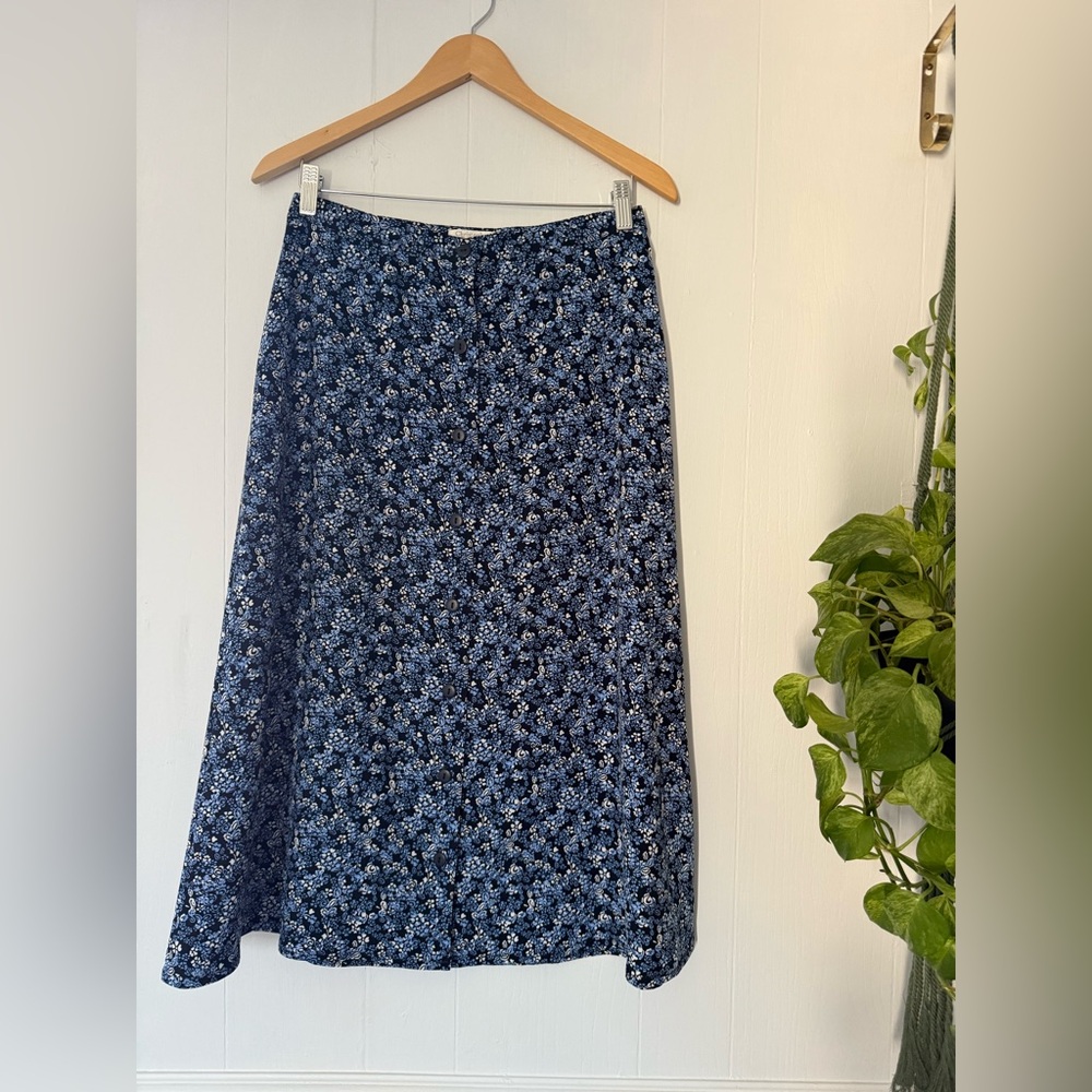 Vintage Christopher Banks Floral Midi Button Skirt Whimsygoth Cottage Blue Black